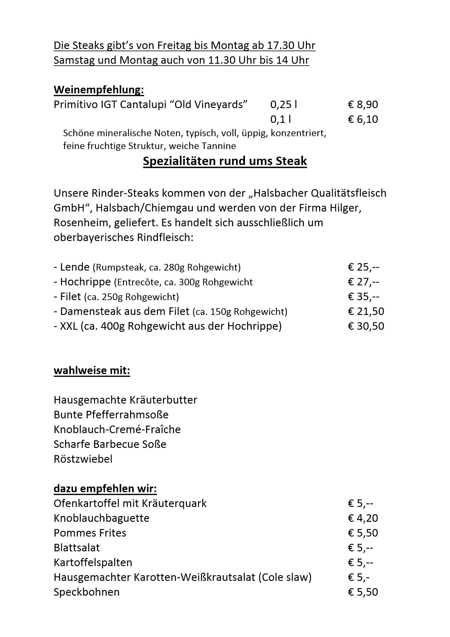 Speisekarte Steak 2026